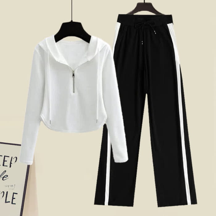 Pure Color Zipper Hoodie Black Pants Set - White / M