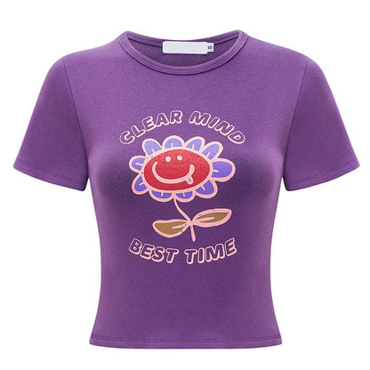 Purple Big Flowers Graphic Crop Top - S / Tops