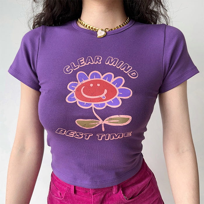 Purple Big Flowers Graphic Crop Top - Tops