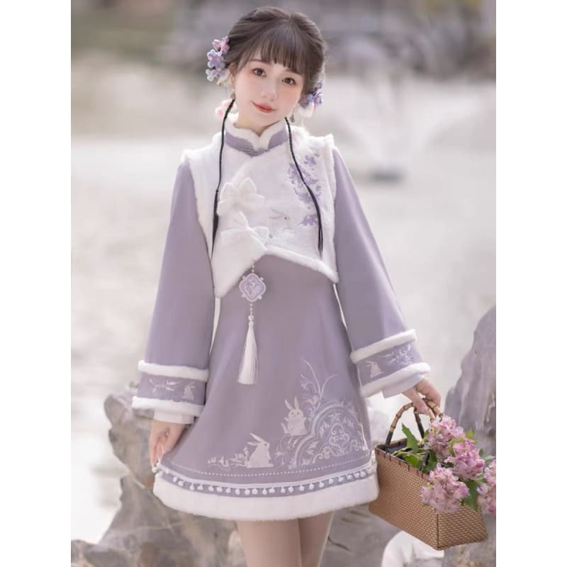 Purple Bunny Cheongsam Dress - S - Modern Hanfu