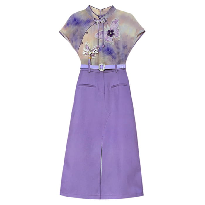 Purple Butterfly Tassel Shirt Skirt Set - M