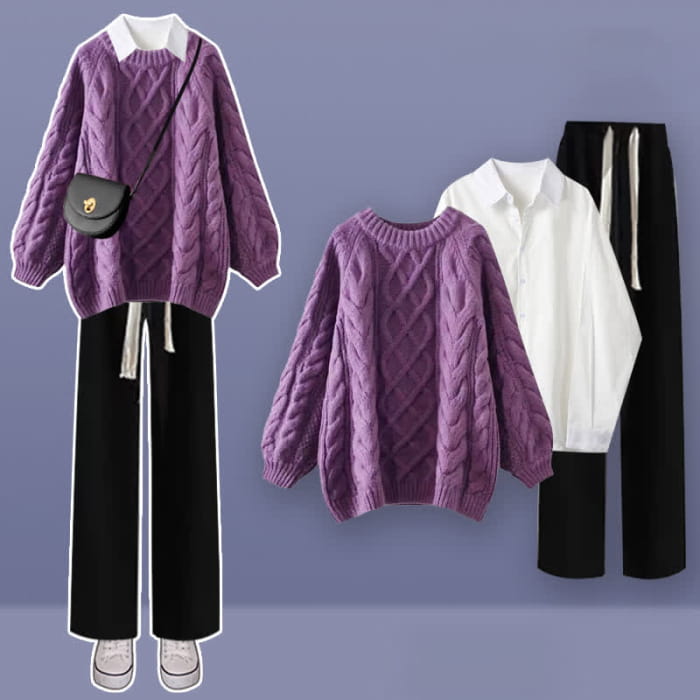 Purple Cable Round Collar Sweater Lapel Shirt Pants Set - B