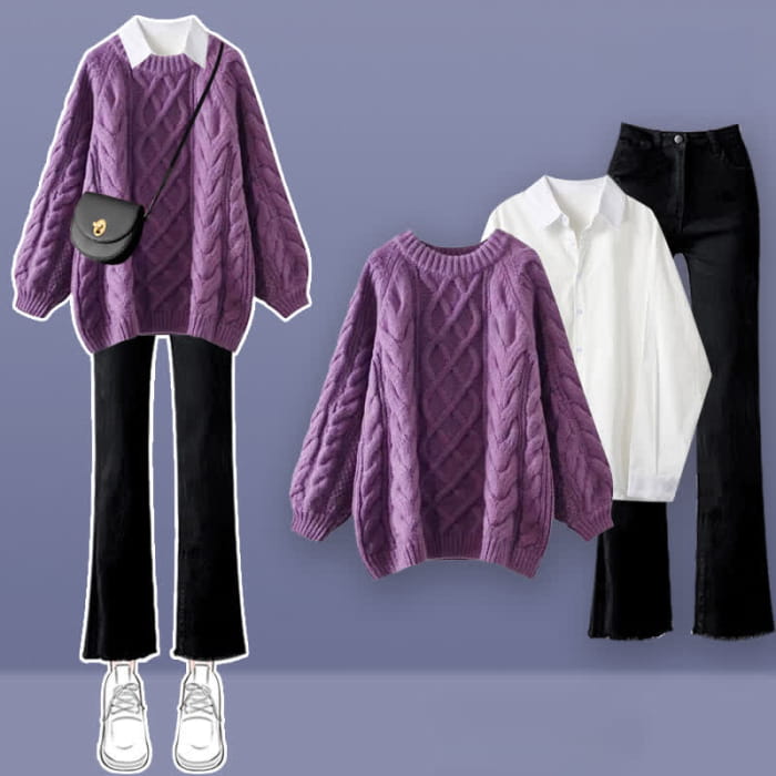Purple Cable Round Collar Sweater Lapel Shirt Pants Set - C