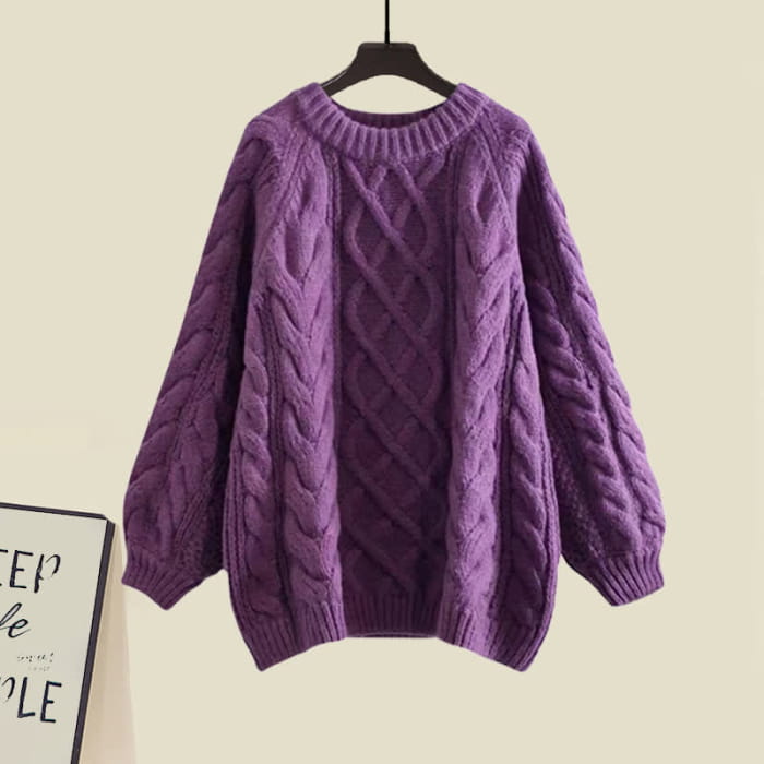 Purple Cable Round Collar Sweater Lapel Shirt Pants Set - M