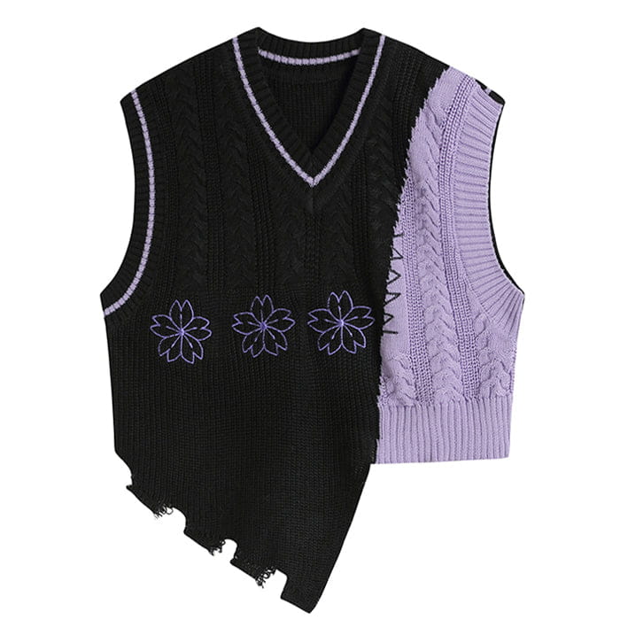 Purple Flowers Knit Vest - Free Size / Black/purple