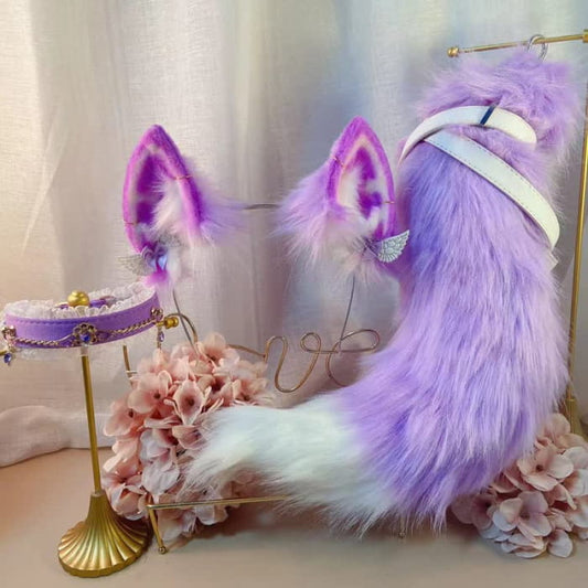 Purple Furry Fox Ears Tail Paw Headband Accessory - Choker
