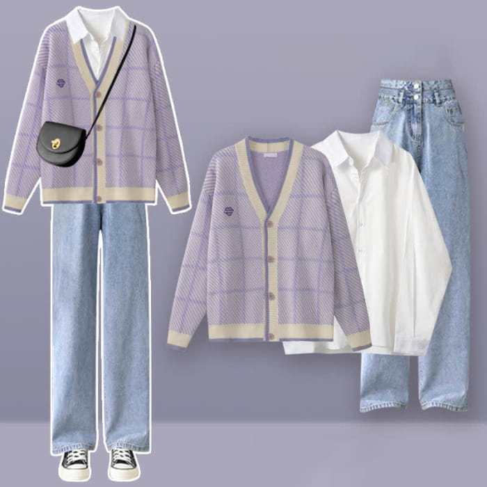 Purple Plaid Cardigan Lapel Shirt Denim Pants Set