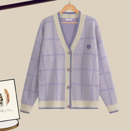 Purple Plaid Cardigan Lapel Shirt Denim Pants Set - M