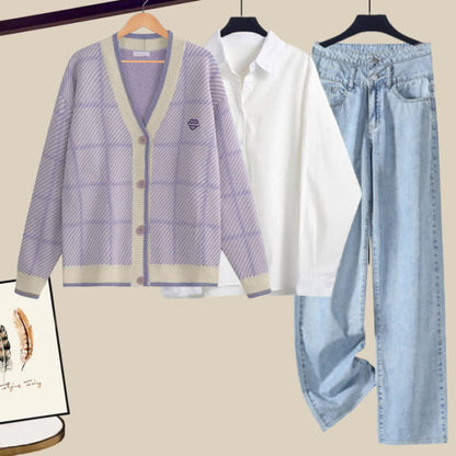 Purple Plaid Cardigan Lapel Shirt Denim Pants Set - M