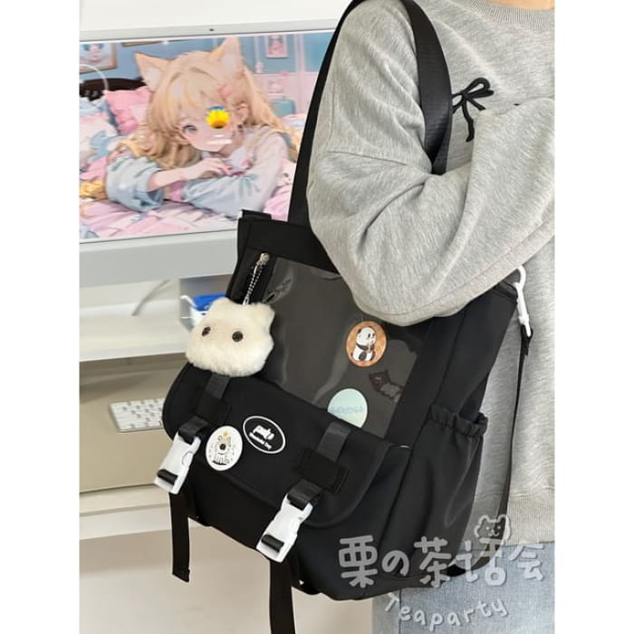 PVC Panel Buckled Tote Bag / Charm / Set - With Cat - Black