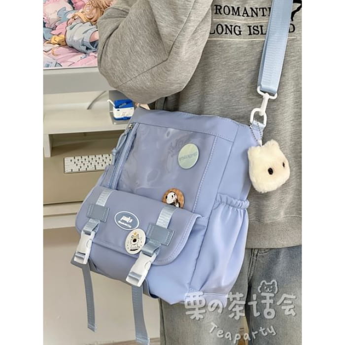 PVC Panel Buckled Tote Bag / Charm / Set - With Cat - Blue