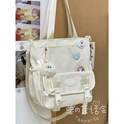 PVC Panel Buckled Tote Bag / Charm / Set - With White