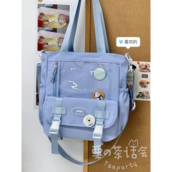 PVC Panel Buckled Tote Bag / Charm / Set - Without - Blue