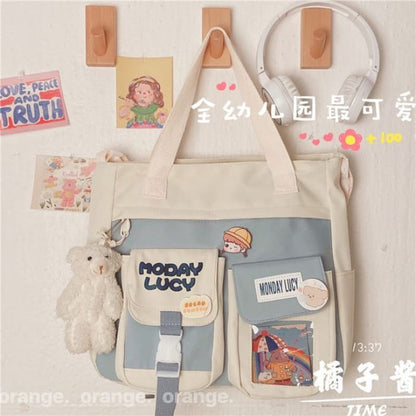 PVC Panel Canvas Tote Bag - With Blush Bear Charm & Badge