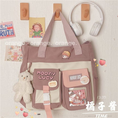 PVC Panel Canvas Tote Bag - With Blush Bear Charm & Badge