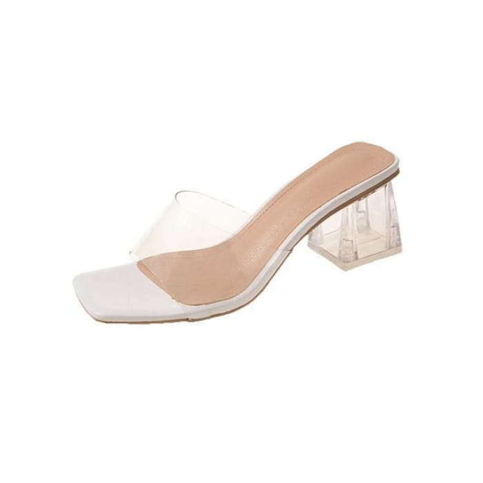 PVC Strap Chunky Heel Slide Sandals - White / 34