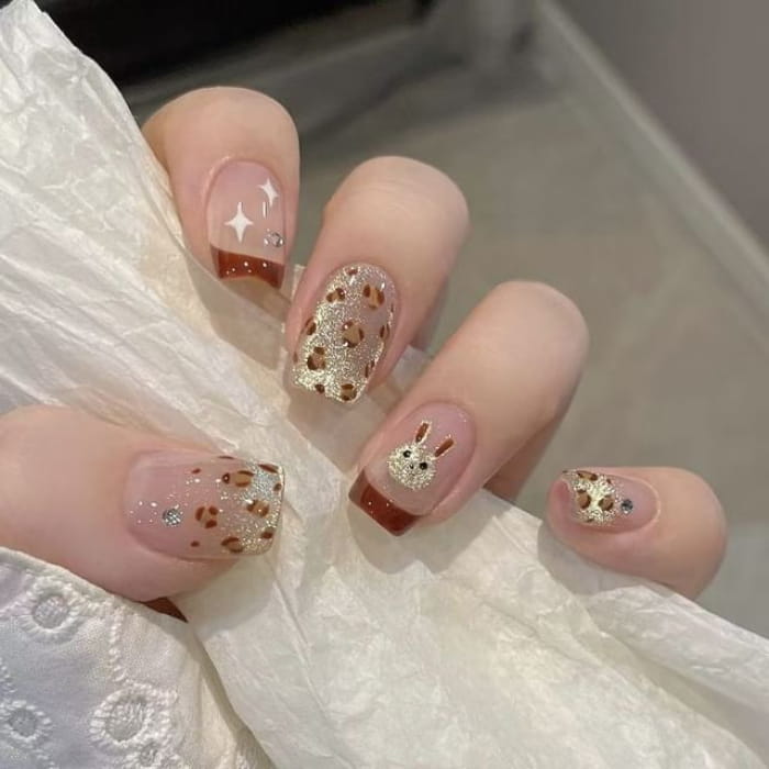 Rabbit Leopard Print Press On Nail - S61 - & - Brown / XS