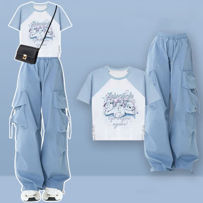 Rabbit Letter Print T-Shirt Pocketed Cargo Pants - Set A / M