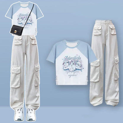 Rabbit Letter Print T-Shirt Pocketed Cargo Pants - Set B / M