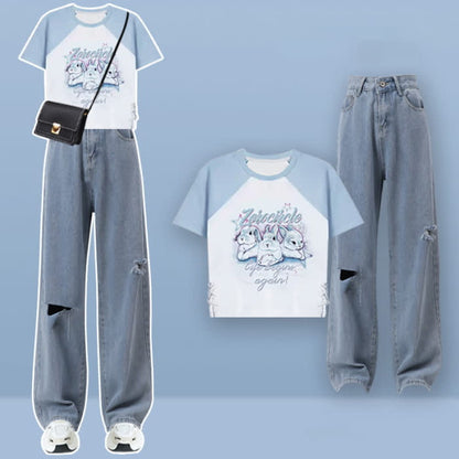 Rabbit Letter Print T-Shirt Pocketed Cargo Pants - Set C / M