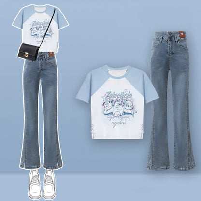 Rabbit Letter Print T-Shirt Pocketed Cargo Pants - Set D / M