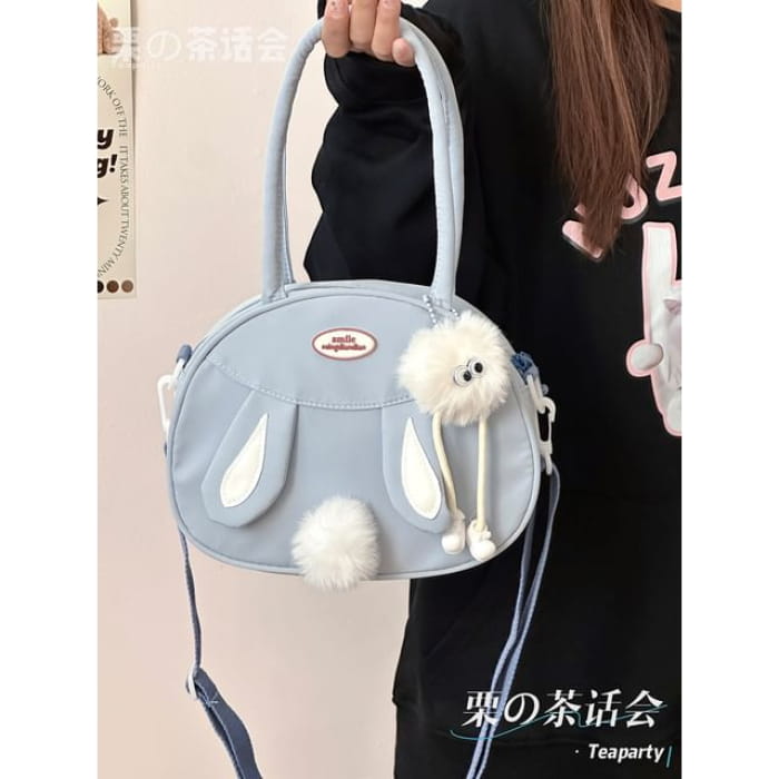 Rabbit Pom Tote Bag - With White Ball Charm - Blue / S