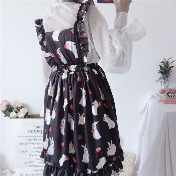 Rabbit Print Lolita Apron A-line Dress / Sheer Dotted Mesh