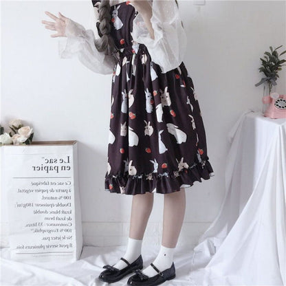 Rabbit Print Lolita Apron A-line Dress / Sheer Dotted Mesh