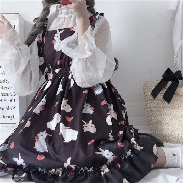 Rabbit Print Lolita Apron A-line Dress / Sheer Dotted Mesh