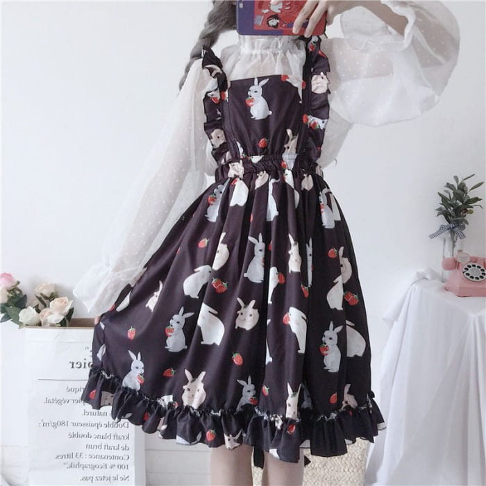 Rabbit Print Lolita Apron A-line Dress / Sheer Dotted Mesh