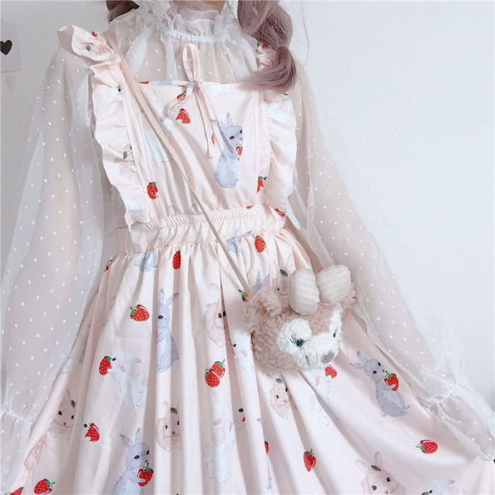 Rabbit Print Lolita Apron A-line Dress / Sheer Dotted Mesh