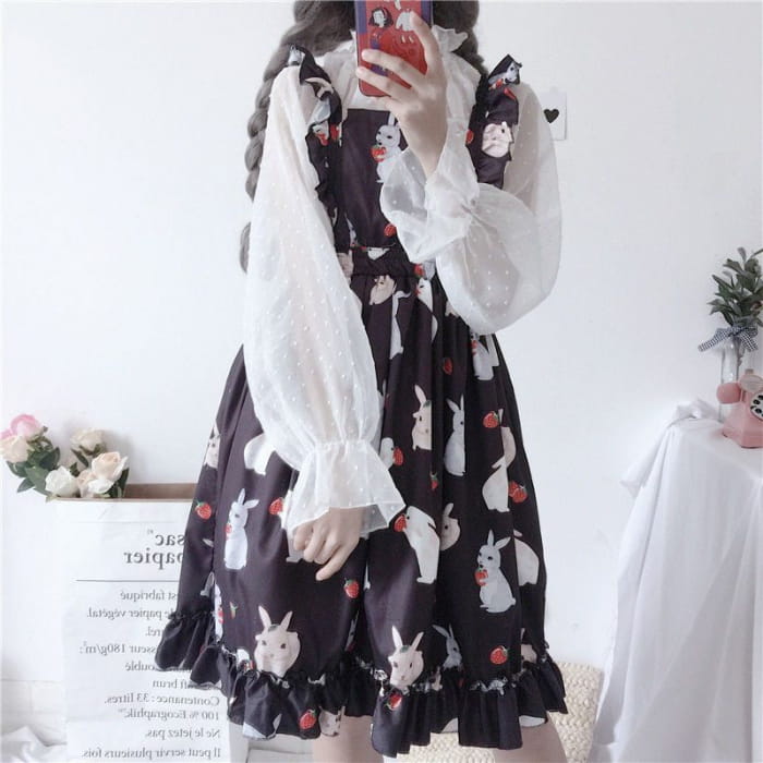 Rabbit Print Lolita Apron A-line Dress / Sheer Dotted Mesh