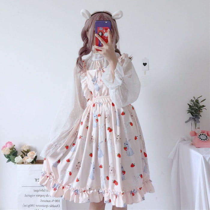 Rabbit Print Lolita Apron A-line Dress / Sheer Dotted Mesh