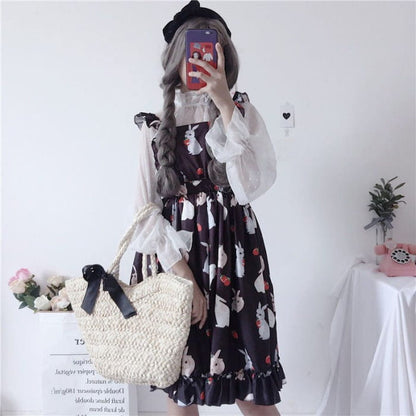 Rabbit Print Lolita Apron A-line Dress / Sheer Dotted Mesh