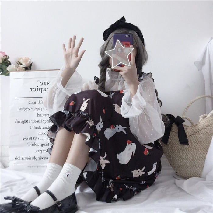 Rabbit Print Lolita Apron A-line Dress / Sheer Dotted Mesh