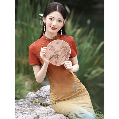 Rainbow Bridge Short Sleeve Long Cheongsam - Female Hanfu