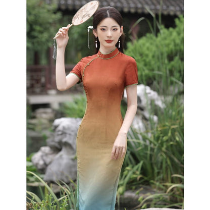 Rainbow Bridge Short Sleeve Long Cheongsam - Female Hanfu