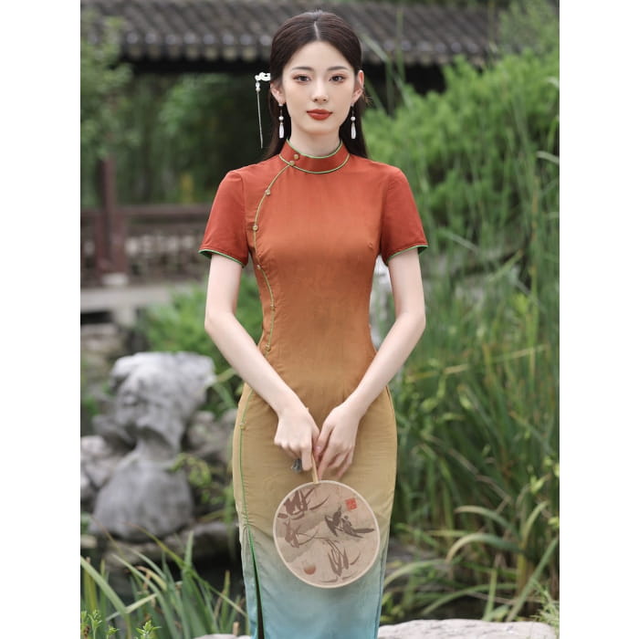 Rainbow Bridge Short Sleeve Long Cheongsam - Female Hanfu