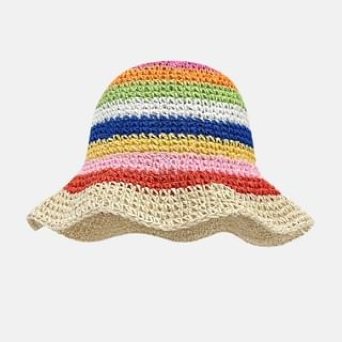 Rainbow Stripe Bucket Hat - Brim - Beige & Red / One Size