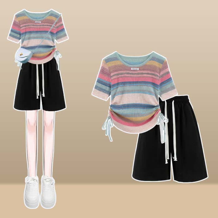 Rainbow Stripe T-Shirt Casual Draw String Shorts Pants modakawa