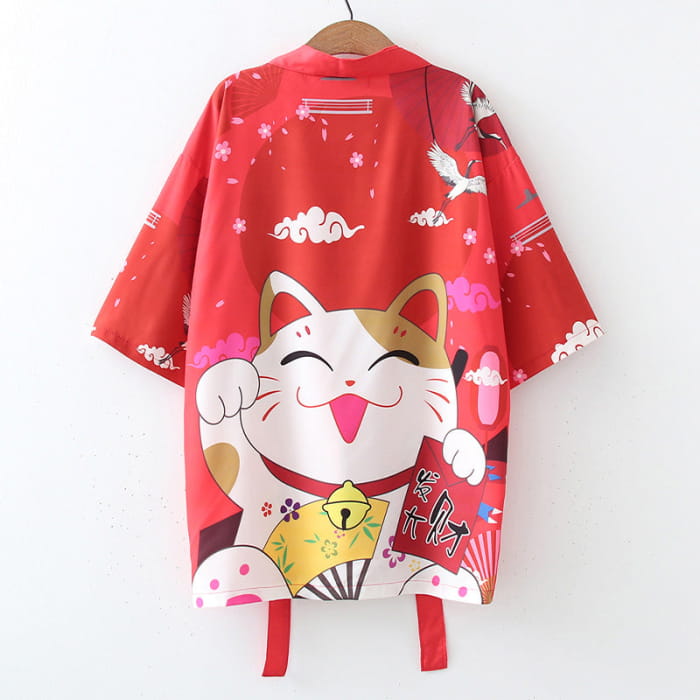 Red Anime Lucky Cat Cardigan Kimono Outerwear