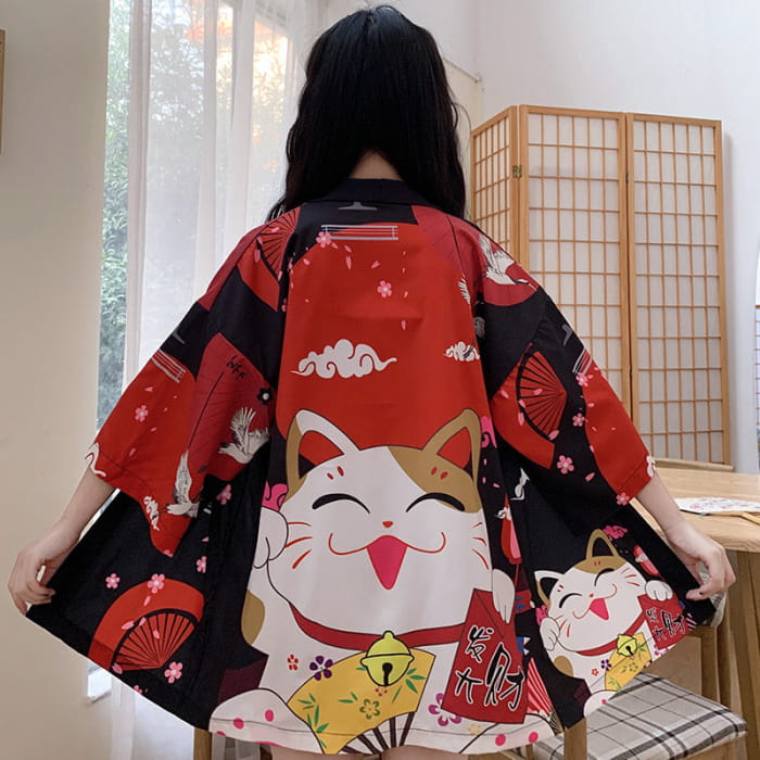 Red Anime Lucky Cat Cardigan Kimono Outerwear