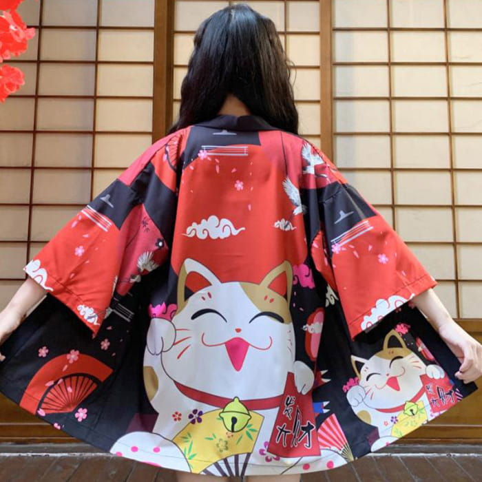 Red Anime Lucky Cat Cardigan Kimono Outerwear - Black