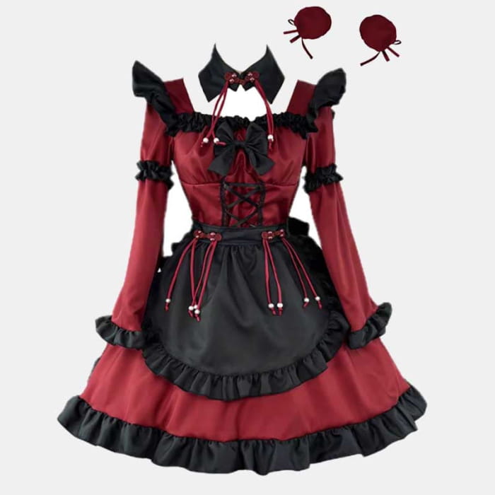 Red Black Maid Gothic Devil Lolita Dress - Wine / S