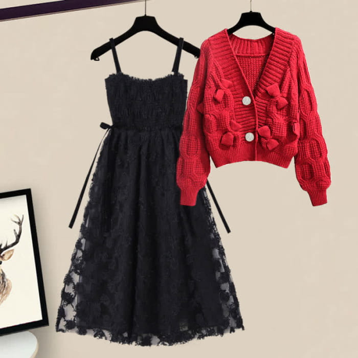 Red Bow Decor Cardigan Lace Slip Dress Set - M