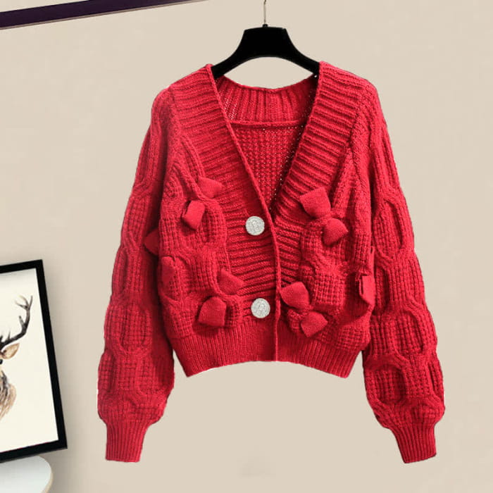 Red Bow Decor Cardigan Lace Slip Dress Set - Sweater / M