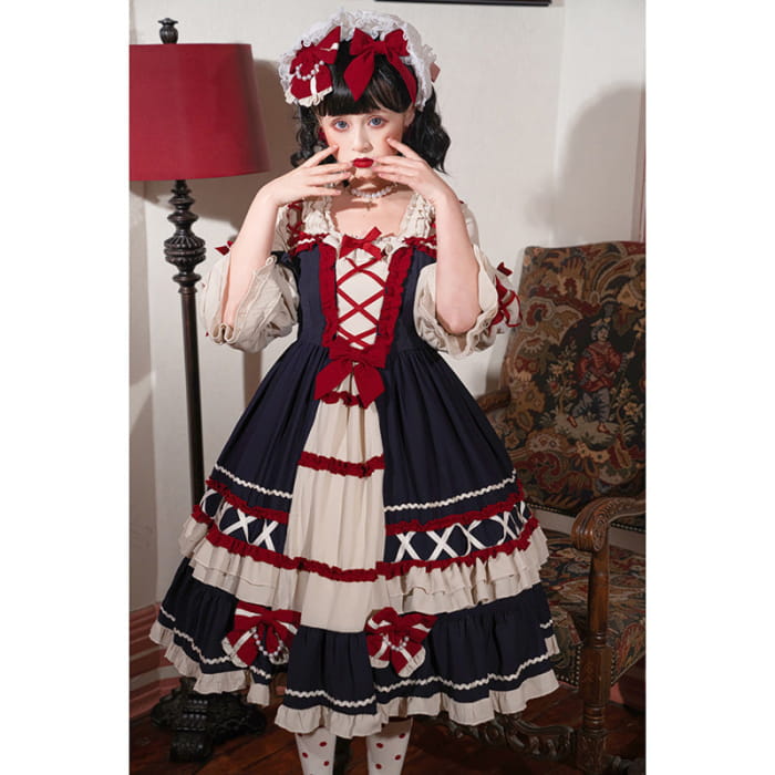 Red Bow Knot Decor Lace Up Lolita Dress