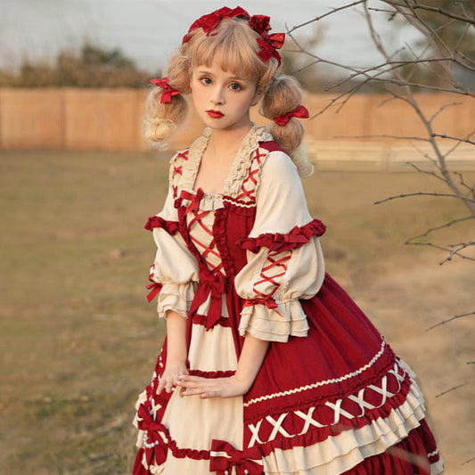 Red Bow Knot Decor Lace Up Lolita Dress