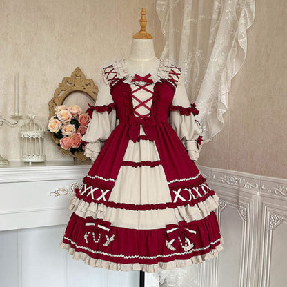 Red Bow Knot Decor Lace Up Lolita Dress - S