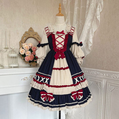 Red Bow Knot Decor Lace Up Lolita Dress - Ultramarine / S